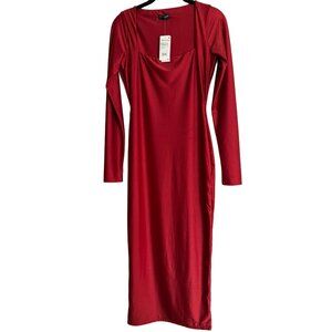 Naked Wardrobe Long Sleeve Satin Red Knee Length Bodycon Dress | Large | NWT